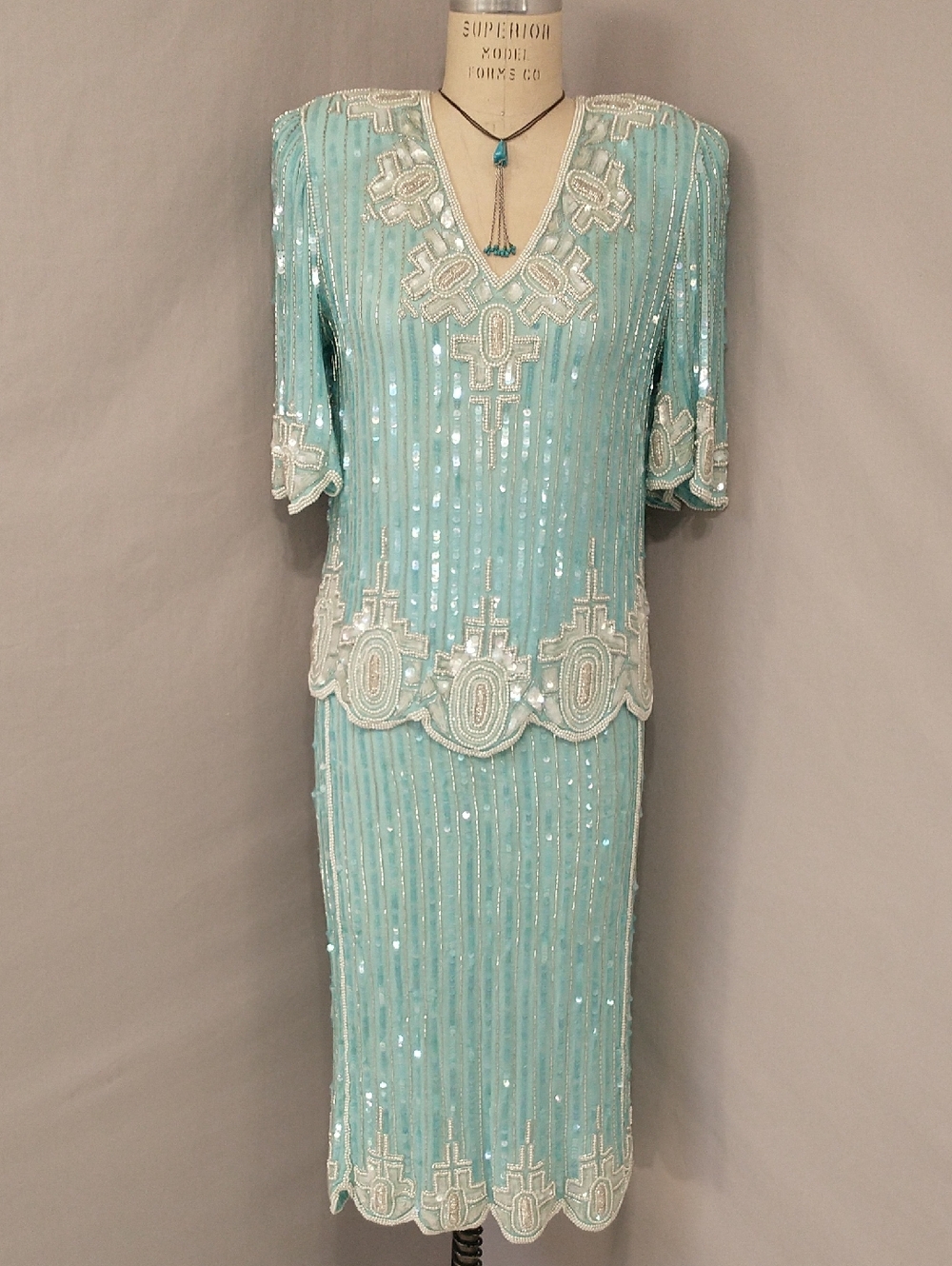 Art Deco Vintage Beaded Dress Skirt Set Judith Ann Turquoise Beads Pearls Sequin